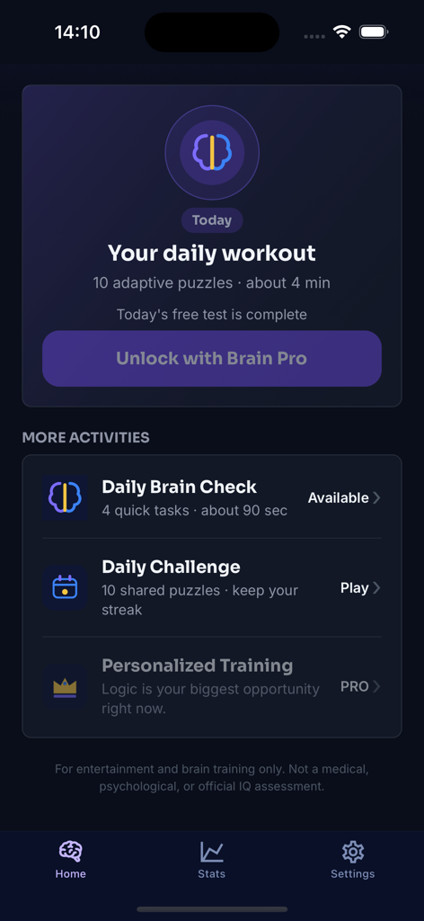 Brain Puzzle home screen with a daily workout and activities