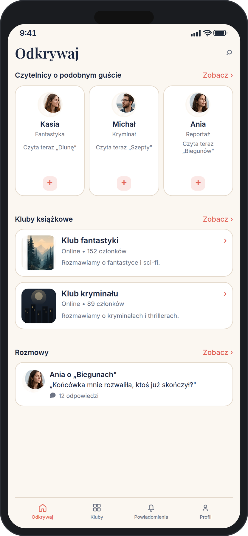 Ekran aplikacji Czytamy Razem pokazujący czytelników o podobnym guście i kluby książkowe