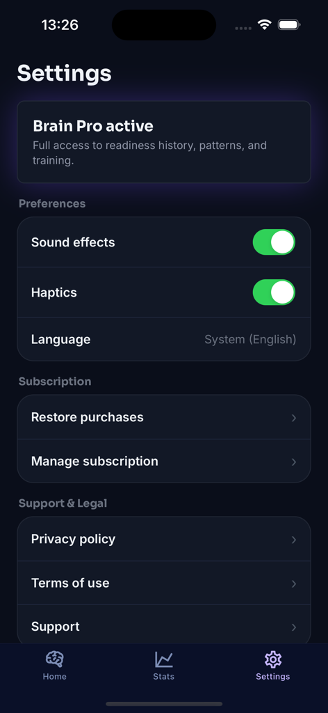 Brain Puzzle settings screen with Brain Pro active