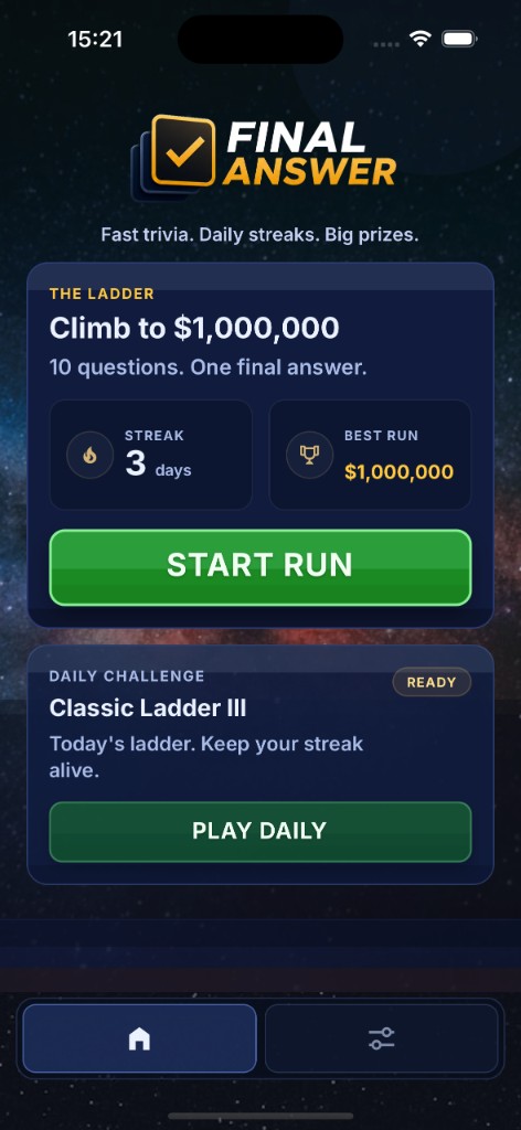 Final Answer prize ladder home screen